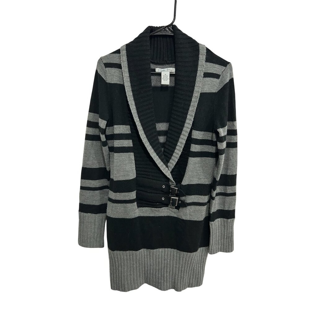 Olivia Sky Striped Shawl Collar Knit Sweater Size M Black Gray Preppy Coastal